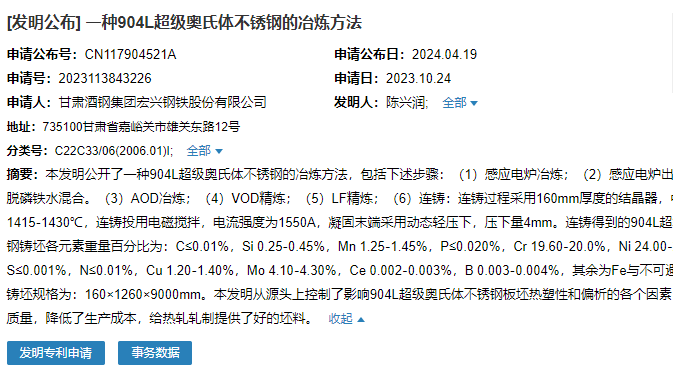 酒鋼宏興成功申請(qǐng)“一種904L超級(jí)奧氏體不銹鋼的冶煉方法”專利